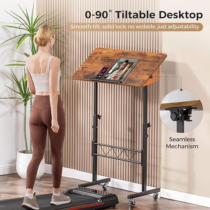 COMHOMA Standing Desk Adjustable Height & Tiltable Tabletop, Portable Stand Up Desk for Laptop, Mobile Folding Desk for Home Office Work and Walking Pad Treadmill, Height 30.7"-46.4", Brown
