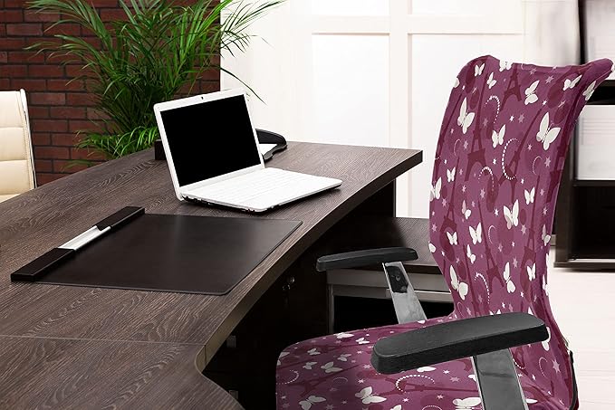 Ambesonne Eiffel Office Chair Cover, Abstract Composition with Towers White Butterflies and Stars Ethereal Display, Stretchable Decorative Universal Size High Back Printed Slipcover, Violet White