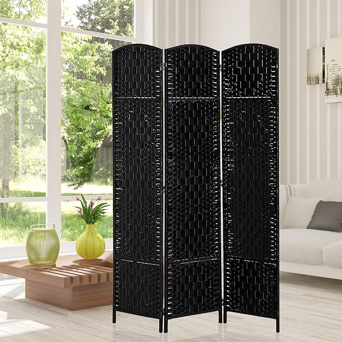 HOMCOM Room Divider 3 Panel, 6FT Tall Folding Privacy Screen, Freestanding Hand-Woven Partition for Room Separation with 360° Hinges, Paper Rope Diamond Weave, Black