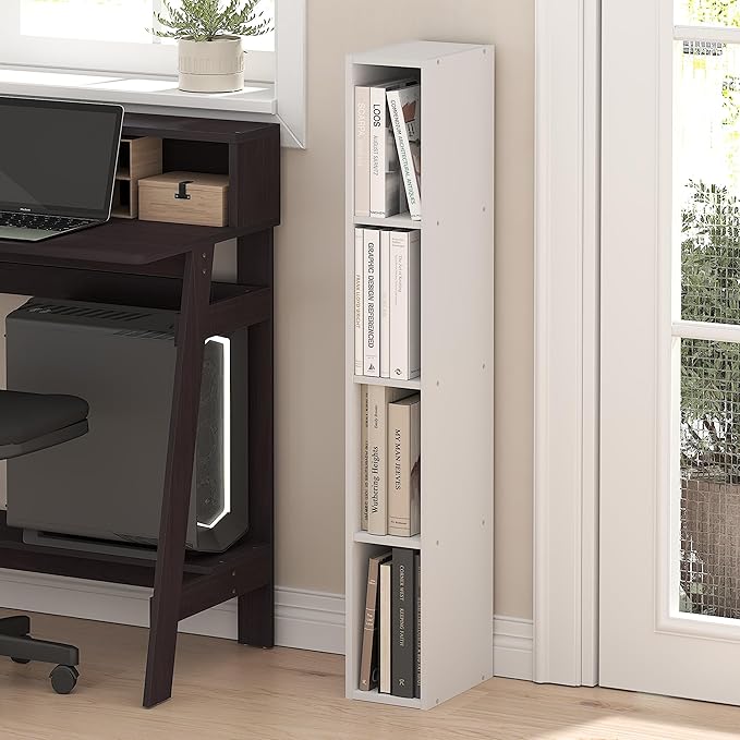 Furinno Fulda Book Shelf, 4-Tier Narrow Bookshelf, Standing Bookcase with 6-in Width Storage Shelf, 9.3 x 5.9 x 41.6, for Organization and Storage, for Living Room, Bedroom, Home Office, White