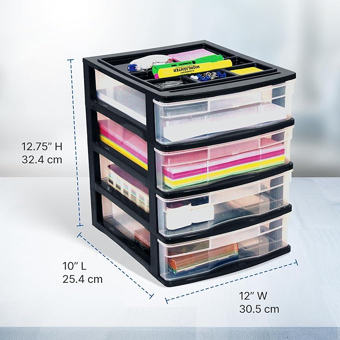 Gracious Living 4 Drawer Desktop & Countertop Organizer w/Organization Lid for Craft Storage, Office Supplies & School Supplies, Black/Clear (4 Pack)