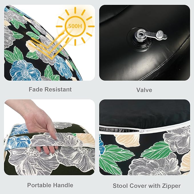 LVTXIII Inflatable Stool Ottoman Footrest with Handle, Decorative Fade-Resistant Foot Stool, Indoor or Outdoor Pouf for Home Garden and Camping Use, 21x21x9, Peony Garden