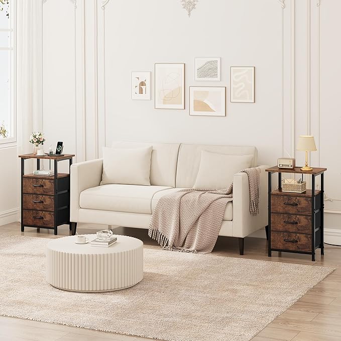 Vagusicc Nightstand Set of 2 with Charging Station, Bedside Table with USB Ports & Outlet, Side End Table with 3 Fabric Drawers & Storage Shelf, Bed Side Table Night Stand for Bedroom, Rustic Brown