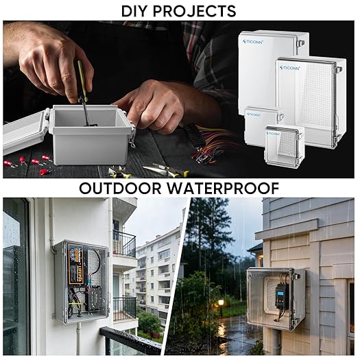 TICONN Waterproof Electrical Junction Box IP67 ABS Plastic Enclosure with Hinged Cover with Mounting Plate, Wall Brackets, Cable Glands (Clear, 5.9"x5.9"x3.5")