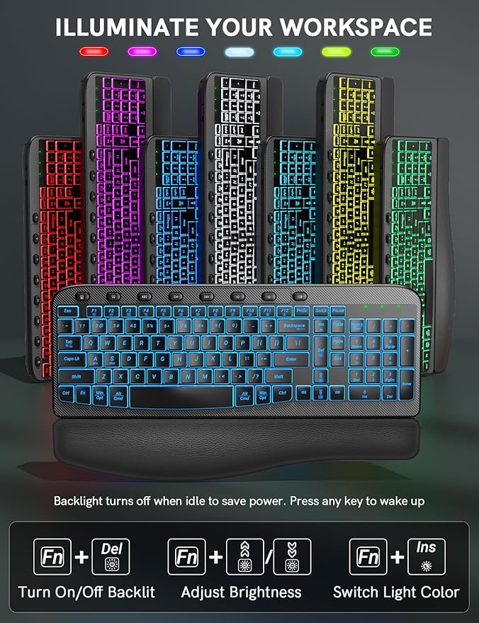 SABLUTE Wireless Keyboard and Mouse Combo Ergonomic - MA12Pro Wave Keyboard with Leather Wrist Rest for Comfortable Typing, RGB Backlit Rechargeable for Windows, Mac, PC, Laptop