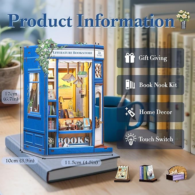 Fsolis Book Nook Kit - DIY Miniature Dollhouse Kit 3D Puzzles for Adult Tiny House Mini Booknook Bookshelf Diorama Kit Gifts for Women Teenagers Book Lovers (Literature Bookstore)