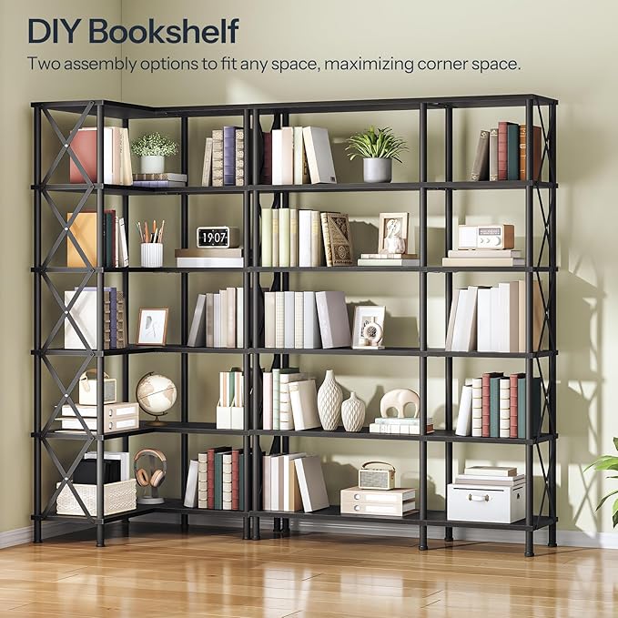 HOOBRO Corner Bookshelf, 6-Tier L-Shaped Bookcase, Industrial Open Display Shelf Tall Storage Organizer, Vertical Storage Rack, for Living Room, Home Office, Black BB61SJ01