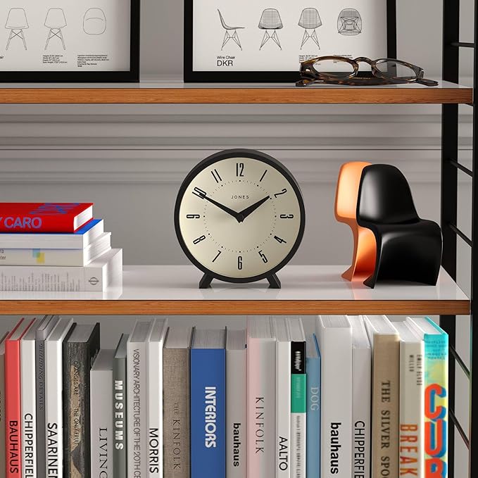 JONES CLOCKS® Venus Desk Clock | Modern Round Design | Black | Stylish Retro Look for Shelf, Table, Mantel or Bedside