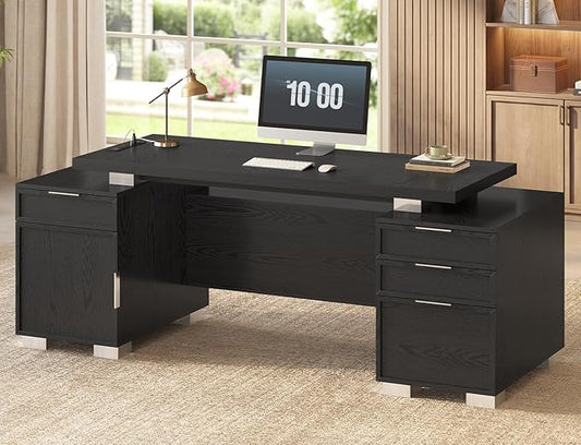 80.6" Executive Desk with Power Outlet and File Drawer, Modern Home Office Desk with 3 Large Cabinets and Privacy Panel, Business Furniture for Home Office, Living Room, Black