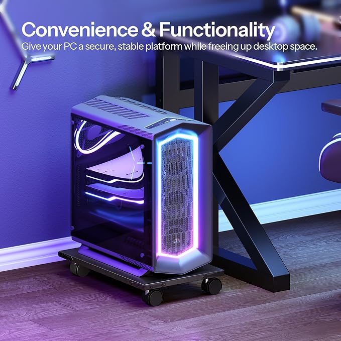 HOOBRO Mobile PC Stand, Ventilated Computer Tower Stand, PC Tower Holder with 4 Caster Wheels, CPU Holder Under Desk Fits Most Computer Tower, for Office, Gamers, Black BB46CJ01