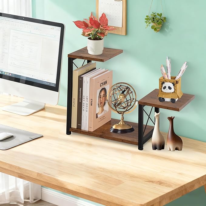 Desk Shelf Organizer, 3-Tier Wood Desk Bookshelf, Small Tabletop Book Shelf, Adjustable Display Rack for Office Decor and Desk Accessories,Rustic Brown