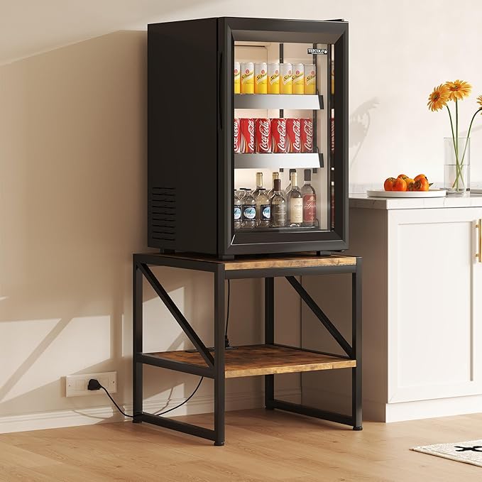 Mexin End Table with Charging Station, 20 Inch Square Printer Stand with USB Ports & Power Outlets, Mini Fridge Stand with 2-Tier Storage Shelf Adjustable, Industrial Wood Nightstand for Small Spaces