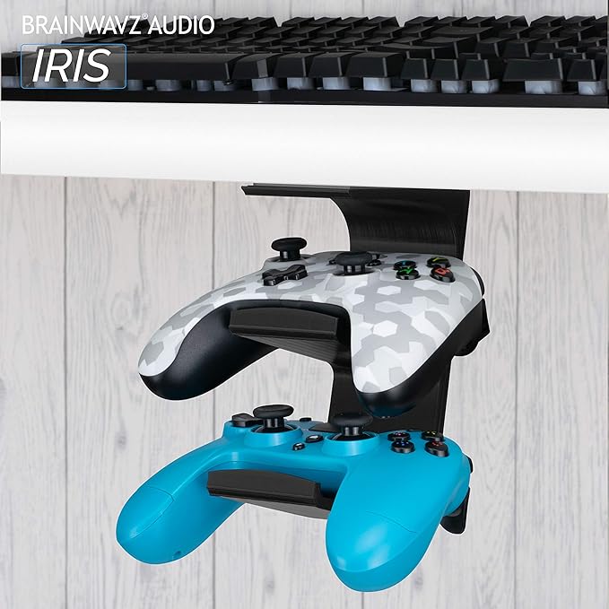 The IRIS - Under Desk Dual Universal Game Controller Mount Holder Hanger for XBOX ONE, SERIES X, PS5, PS4, PS3, SWITCH, STEELSERIES Gamepad & More, No Screws by Brainwavz