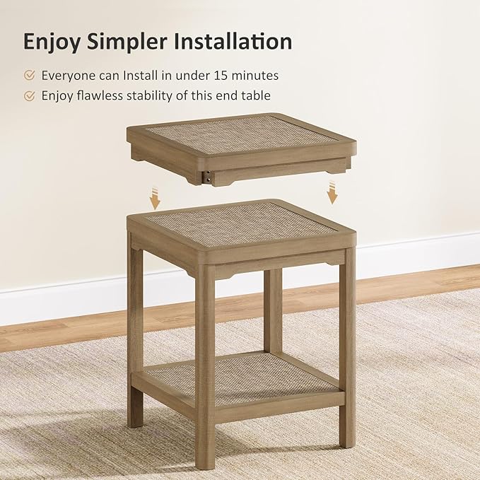 Eclatara End Table, Farmhouse Square Nightstand with 2 Tier Boho Rattan Shelves, Protective Round Edge, Ultra-Thick Stable Legs Side Table for Bedroom, Caramel Oak
