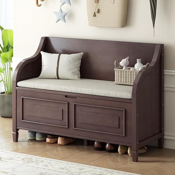 SOFTSEA 41.9" Storage Bench with Back, Entryway Shoe Bench with Cushion & Lift Top Storage, Rustic Shoe Storage Cabinet with Cushioned Seat for Entryway, Bedroom, Living Room (Espresso)