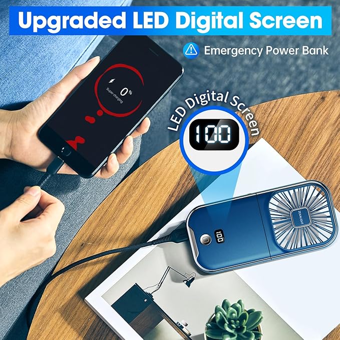 USB Rechargeable Upgraded 5-in-1 Portable Handheld Fan, Necklace Fan, Desk Fan, Foldable Phone Stand, 4 Speeds Airflow, Quiet Personal Fans with LED Digital Screen (Blue)