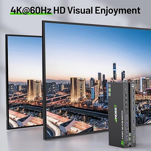 4 Port HDMI KVM Switch 4K@60Hz, Simulation EDID, ANGEET USB3.0 KVM Switches for 4 Computers Share 1 Monitor and Keyboard Mouse Printer, with Wired Remote,12V Power Adapter and 5 Cables
