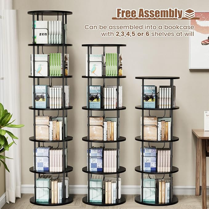 ALLSTAND 6 Tier Rotating Bookshelf, 360 ° Display Stackable Spinning Bookshelf Tower, Corner Bookshelf Tall Floor Standing Swivel Bookcase Narrow Storage Organizer for Bedroom, Living Room, Black