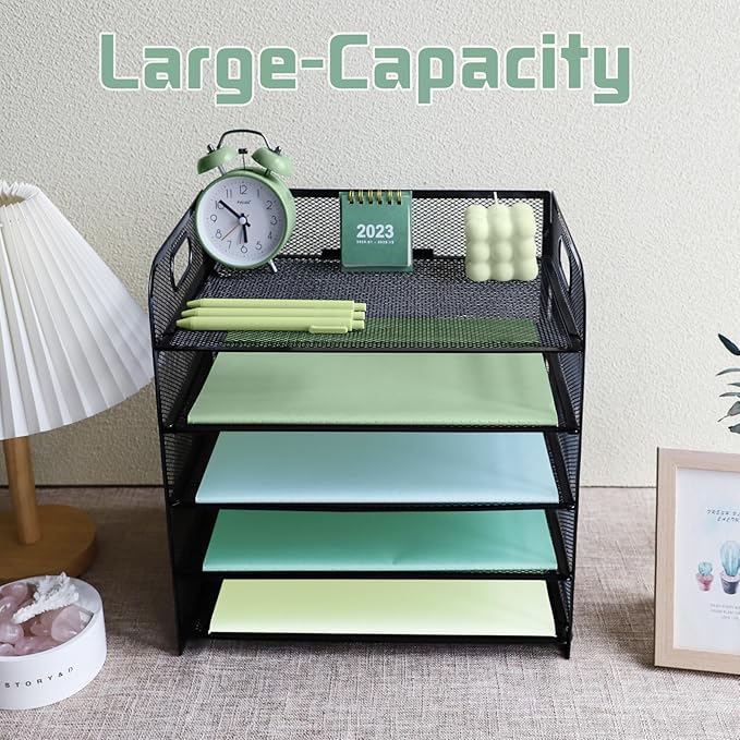 Paper Letter Tray with Handle, 2 Pack 5 Tier Metal Mesh Desk File Organizer, A4 Paper Desktop Filing Trays, Desk Tidy Magazine Document Holder for Home Office, Black
