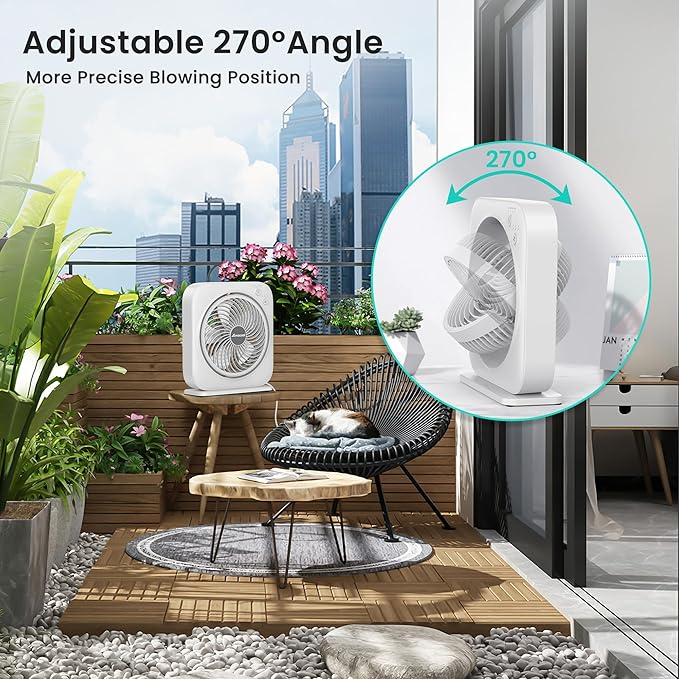 AMACOOL Table Fan, 12 inch Box Fan with 3 Speeds & 8HRS Timer, 270° Pivoting Quiet Air Circulator, Desktop Fan for Bedroom Bathroom Kitchen Office, AC Adapter Included, Co-Branded with Cmyfato-White