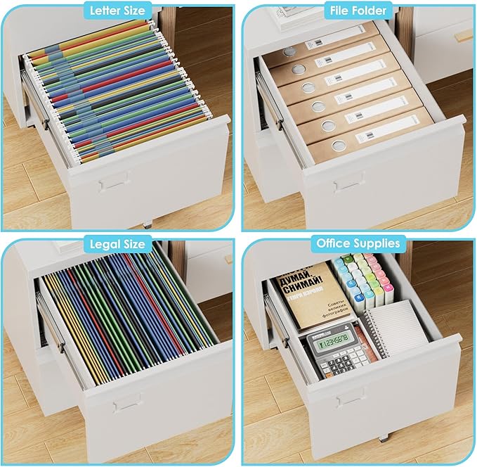 Aobabo Rolling File Cabinet with Lock,2 Drawer Metal Filing Cabinet for Home Office & Under Desk, Heavy-Duty Mobile Storage with 5 Wheels (Anti-Tilt), Fits Letter/Legal,WhiteRequired Assembly