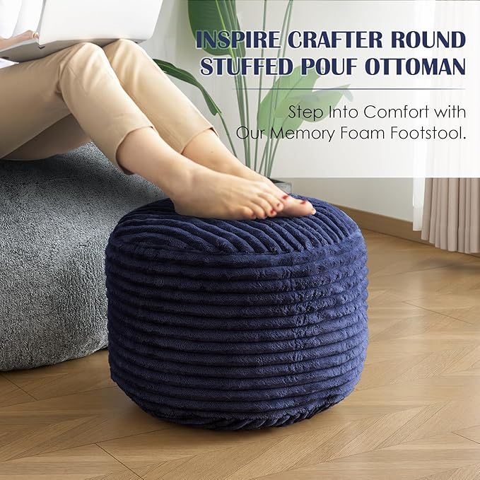 SHOUREN Stuffed Round Pouf Ottoman, Lightweight and Fluffy Poufs Storage Ottoman for Living Room,Corduroy Foot Rest with Shredded Foam Filling,Soft Floor Pouf for Couch,20"x15", Navy