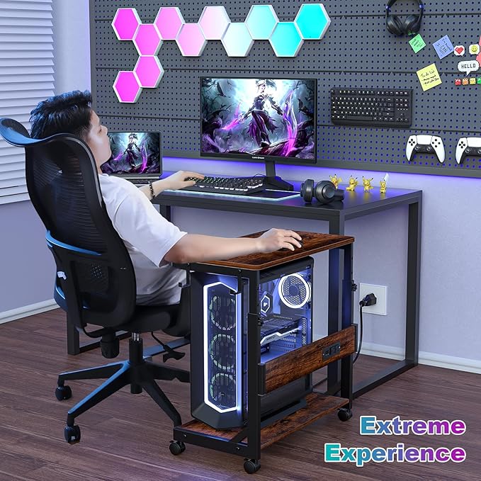 Height Adjustable Computer Tower Stand with Charge Station and USB Charging Port, 2-Tier ATX-Case Cart, Under Desk Mobile PC Stand, CPU Holder Cart with Locking Caster Wheels for Fits Most PC