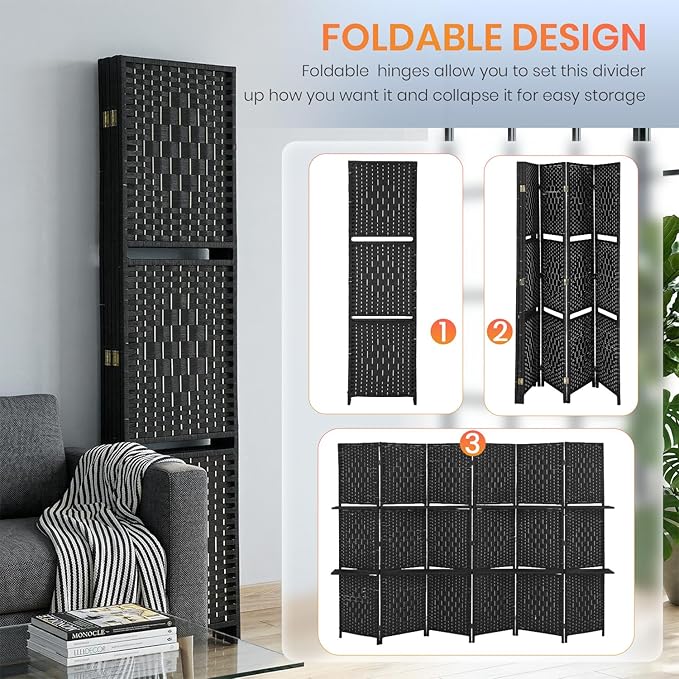 FDW 6 Panel Wood Room Divider - Foldable & Flexible Freestanding Screen, Easy Storage Partition Wall for Home Living Room, Dark Black
