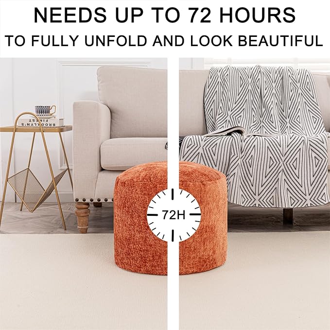 Boucle Round Pouf Ottoman - All-in-One Solid Foam Filled Foot Rest, Multifunctional Coffee Table & Floor Seat for Living Room, Bedroom - Orange