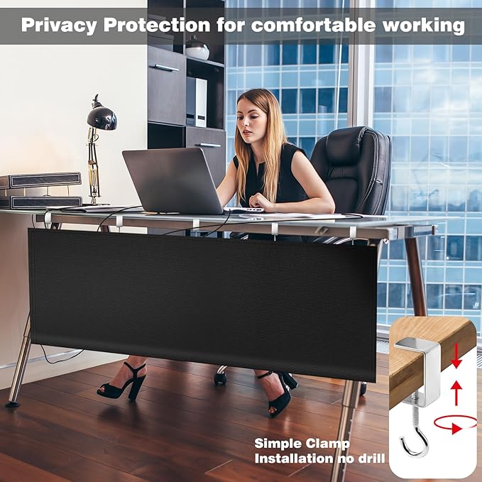 UNIFAMILY 2 in 1 No Drill Under Desk Privacy Panel with Cable Management Organizer Sleeve, 60 IN Oxford 600D Modesty Desk Panel with Cord Organizer, Desks Skirt for Home Office or Standing Workstation