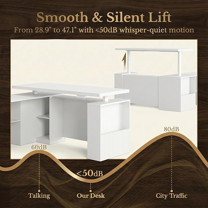 63 Inches L Shaped Standing Desk, Executive Standing Desk with Drawers and File Cabinet, AC/USB, 1.18" Desktop, Multi-Sized Storage Cubby, Privacy Panel, Fluted Computer Desk, White