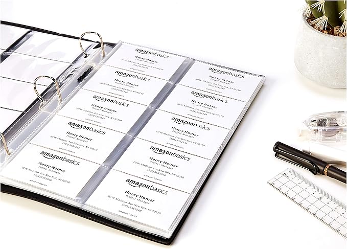 Amazon Basics Plastic Business Card Holder Sleeves for 3-Ring Binder, Transparent, 25-Pack