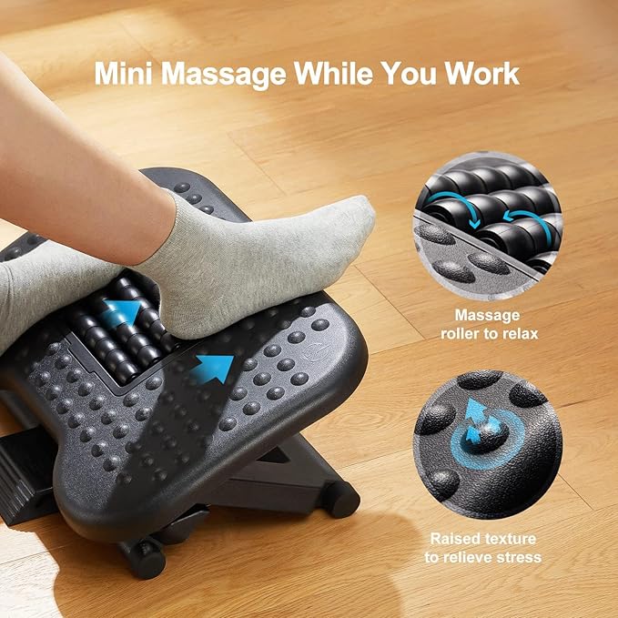 HUANUO Foot Rest for Under Desk at Work, Adjustable Footrest with Massage Texture and Roller, Ergonomic Foot Stool with 3 Height Position, 30 Degree Tilt Angle Adjustment for Home, Office