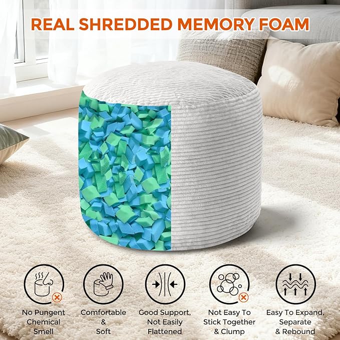 26" x 26" x 18" Pouf Ottoman Foot Rest, Pre-Stuffed Round Foot Stool with Odorless Shredded Memory Foam, Furry & Fluffy Corduroy Footrest for Living Room, Grey