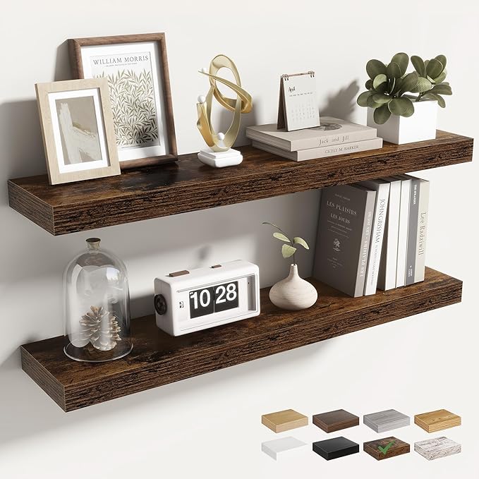Acovy 30 Inch Floating Shelves for Wall 2 Pack, 30" Wall Shelves for Books, Storage, Decor, Wall Mounted Floating Shelf with Invisible Brackets for Kitchen, Living Room, Brown