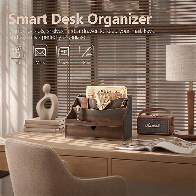 Rebee Vision Acacia Wood Mail Organizer for Desk – Retro Countertop Mail Holder with Dividers – 4-Slot Letter Sorter for Office Accessories – Desktop Organizer for Home Decor (Dark Acacia)