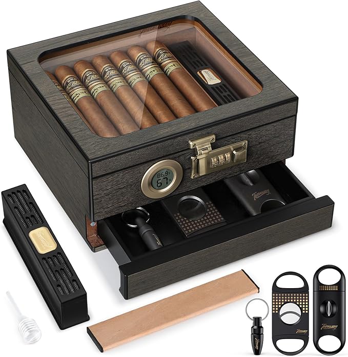 Tesonway Cigar Humidor,Cedar Wood Humidor Cigar Box,Glass Top Desktop Humidor with Digital Thermo-Hygrometer, Humidifier, Divider, Accessories Drawer and Combination Lock,Cigar Gift for Men