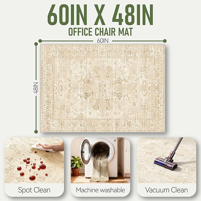 Office Chair Mat for Hardwood Floor, 48"x60" Desk Chair Mat for Home Office, Anti-Slip Under Desk Mat Rug for Rolling Chair,Floor Protector Washable Rug for Gaming Chairs-Beige