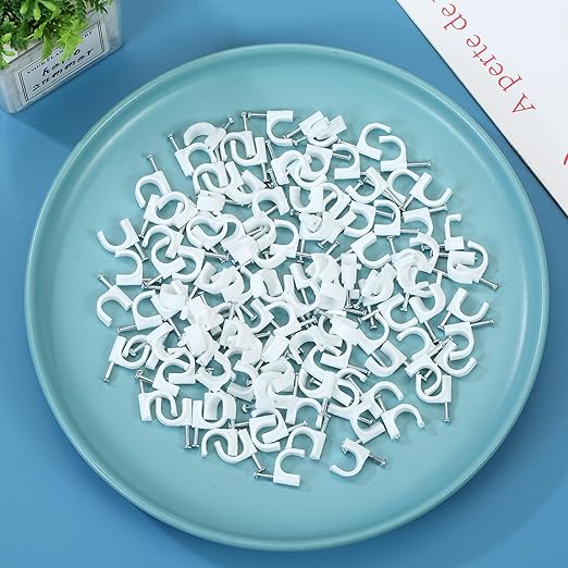 Cable Clips，120Pcs 10mm Cable Staples .Wire Wall Clips with Cable Nails .Cable Clips White，RG6 RG59 CAT5 CAT6 RJ45