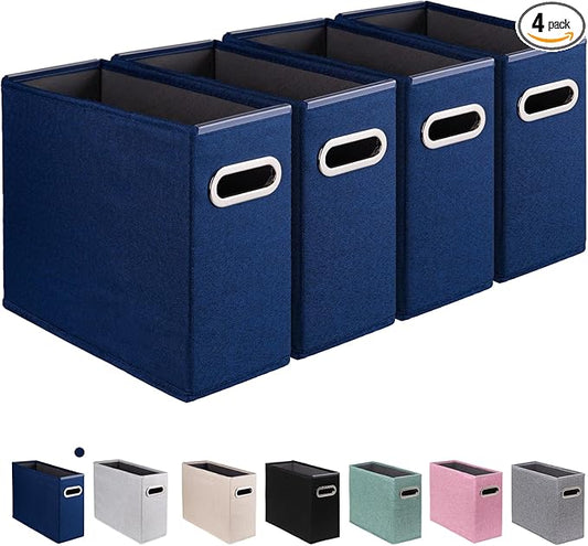 4 Pack Letter Size File Storage Box Collapsible, Fabric Hanging File Folders Organizer, Portable Office Document Holder with Metal Handle, Smooth PVC Rails, Blue