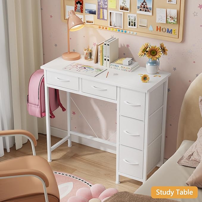 HIGDBFE Small Desk with 5 Fabric Drawers, 33 Inch Writing Desk for Home Office, Simple PC Desks for Small Place, Kids Girls Teen Study Table Vanity for Bedroom, Dorm, White, 14" D