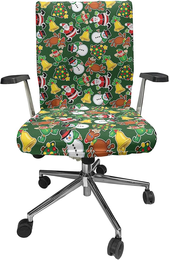 Ambesonne Christmas Office Chair Cover, Vivid of Joyous Holiday Celebration Jumping Dancing Cheery Cartoon for Yule, Stretchable Decorative Universal Size High Back Printed Slipcover, Green Red