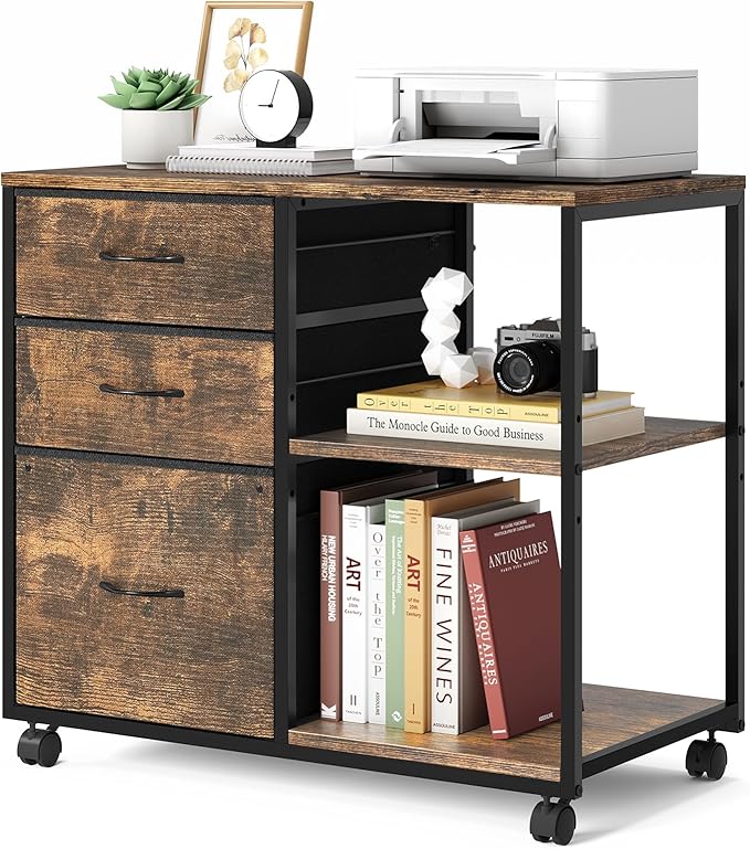VINGLI 3 Drawer File Cabinet with Wheels Under Desk Printer Stand, Rolling File Cabinet with Shelves Adjustable, Mobile Lateral Filing Cabinet for Home Office, Fits Letter Size, Rustic Brown