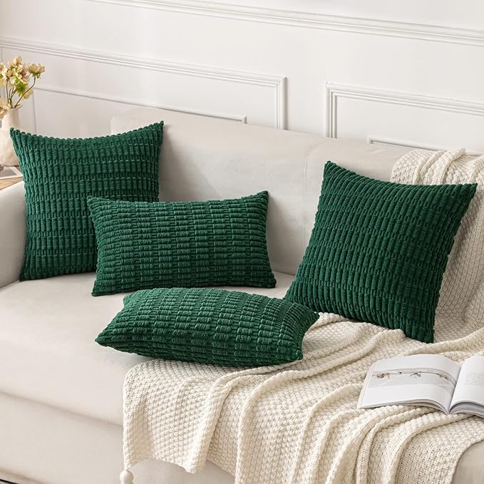 MIULEE Pack of 2 Dark Green Corduroy Decorative Christmas Pillow Covers 12x20 Inch Soft Boho Striped Throw Pillow Covers Modern Farmhouse Home Decor for Sofa Living Room Couch Bed