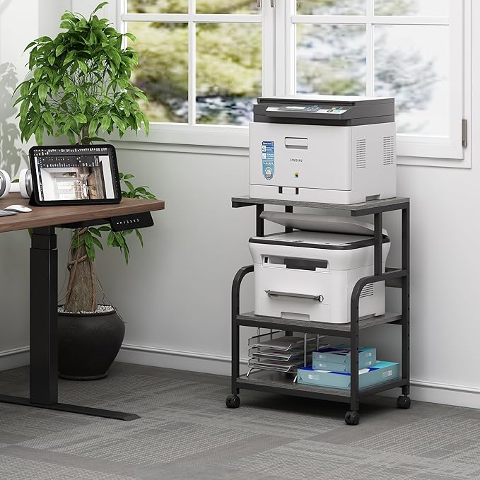 Fannova Printer Stand with Height Adjustable Storage Shelf, 3 Tier Mobile Printer Table with Wheels, Rolling Printer Cart for Home Office Organization, Gray