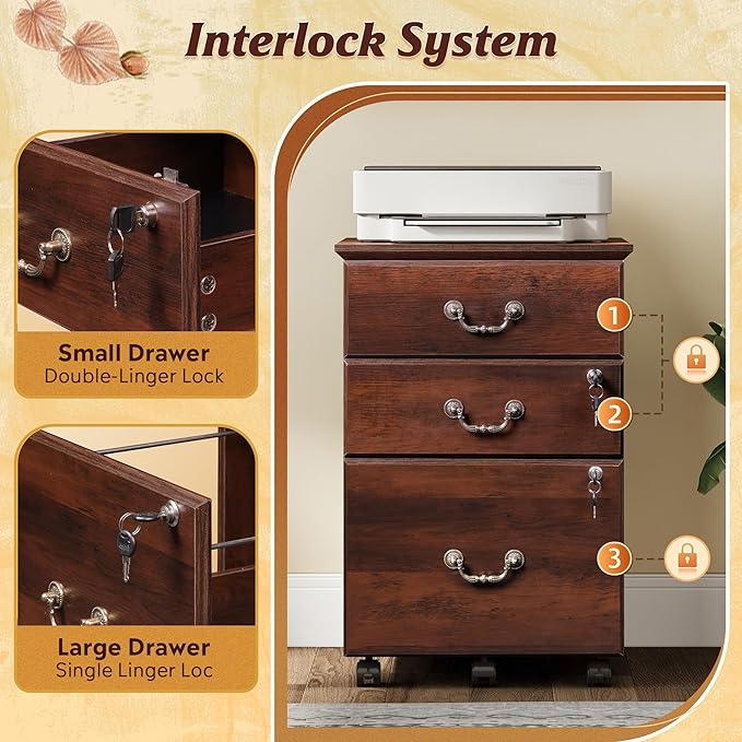 DEVAISE 3 Drawer File Cabinet with Lock, Mobile Wood Filing Cabinet for Under Desk Storage, Rolling Printer Stand for Office Storage, Brown Oak