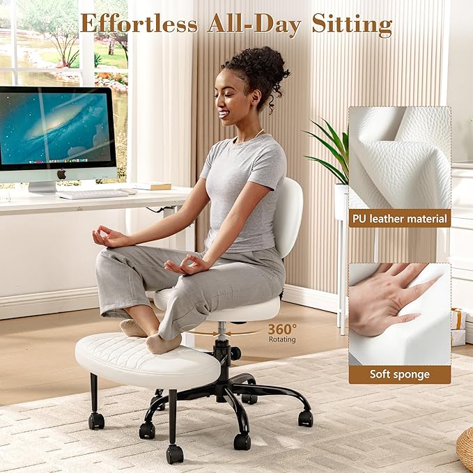 AtHope Ergonomic Cross Legged Office Chair with Wheels - Adjustable Height for Meditation, ADHD Desk & Yoga - Wide Criss Cross Design with Lumbar Support, Kneeling Chair - White