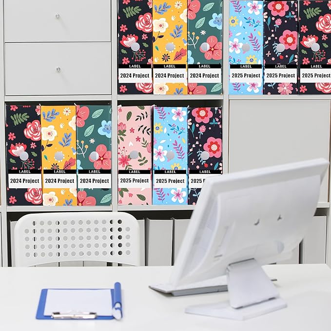 PerKoop 12 Pcs Decorative Magazine File Holders Floral Foldable File Folders Magazine Storage Boxes Rack Desk Organizer Documents with Printable Labels for School Office Home (Flower Design)