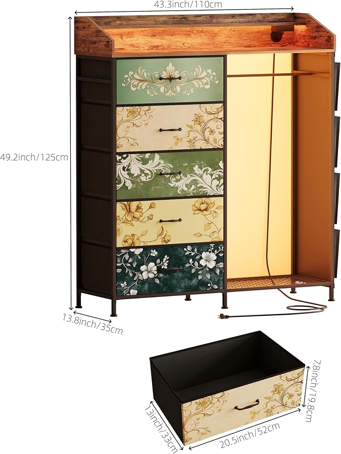 LUMTOK 2-in-1 Dresser with Hanging Racks,5 Fabric Drawers Dressers with LED Lights, Charging Station for Bedroom Living Room, Entryway, Closets (Retro Pattern)