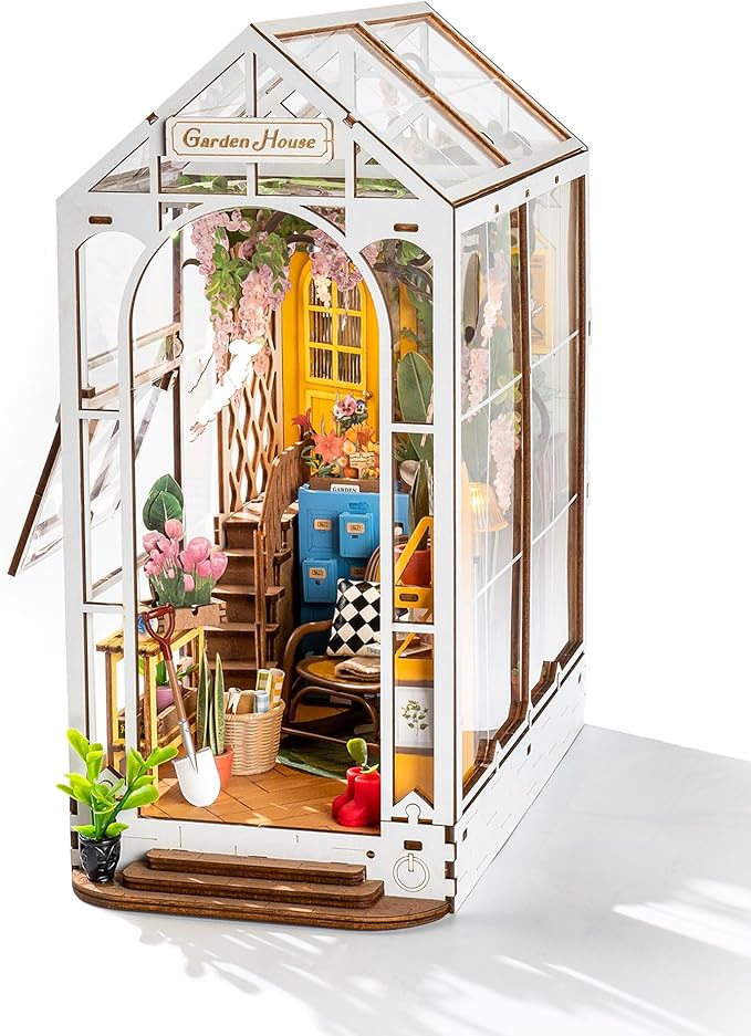 Rolife DIY Book Nook Kit Wooden 3D Puzzle Bookends 9.5" Garden House Miniature Kit with LED Bookshelf Decor Arts and Crafts for Adults Family Project Hobby Creative Gifts for Girls Boys Christmas